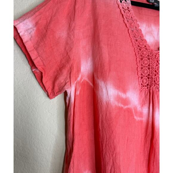 JM Italy Tunic Dress Womens XL Pink Linen Lace Beachy Coastal Vacation Cover up - Picture 10 of 12